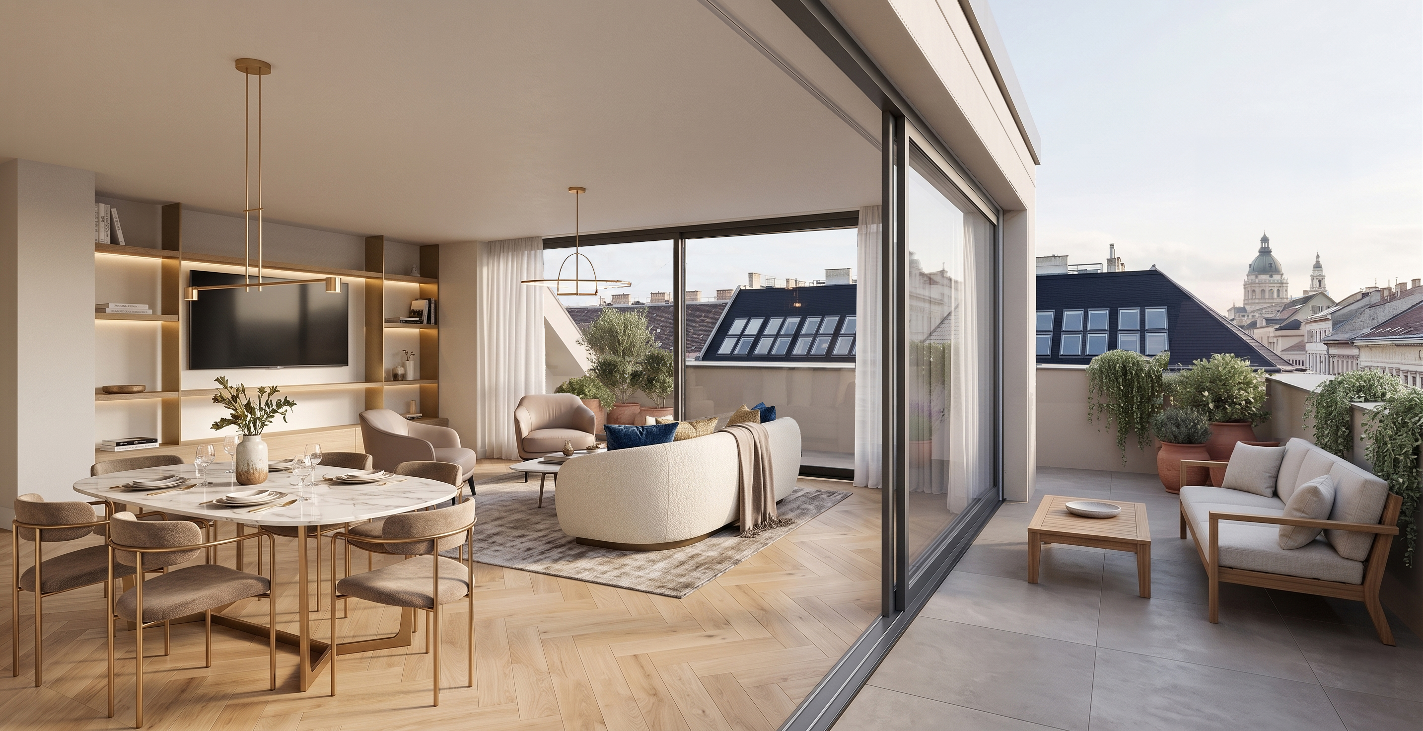 Rendu 3D — séjour et terrasse